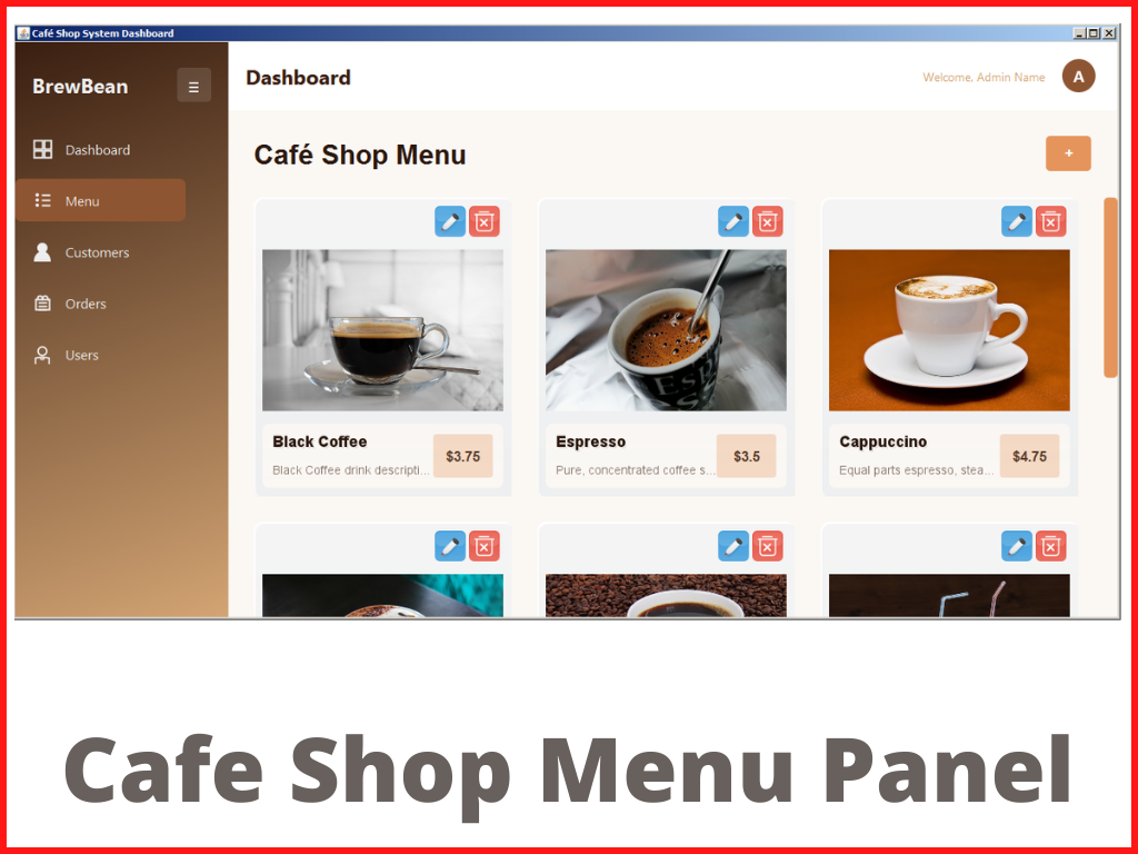 Java Cafe Shop Menu Item Form