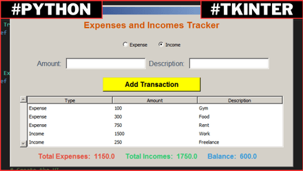 Python Tkinter Expenses Incomes Tracker App Source Code