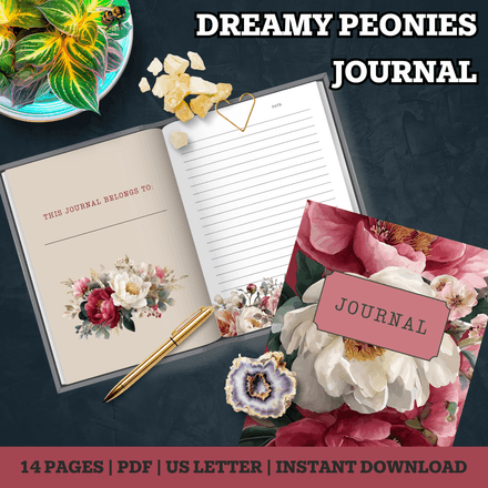 Dreamy Peonies Printable Journal – 14 Pages, Lined, Unlined &amp; Dotted Note Pages