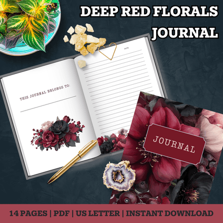 Deep Red Florals Printable Journal – Lined, Dotted &amp; Unlined Writing Pages