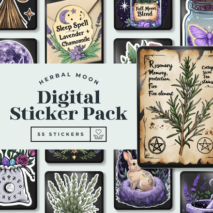 Herbal Moon Sticker Pack | 55 Witchy Botanical Digital Stickers