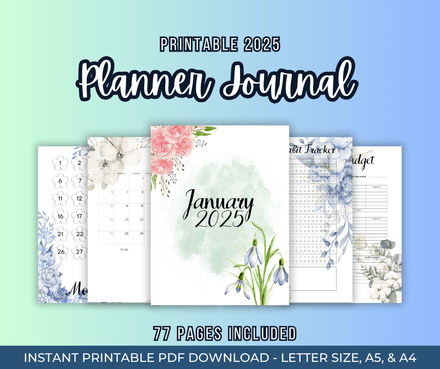 2025 Watercolor Flowers Full Collection Printable Planner PDF in Sizes A4, A5, and Letter