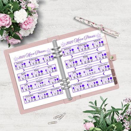 Witchy 2025 Moon Phases Printable – Purple 8.5x11 PDF Lunar Calendar