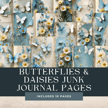 Blue Butterfly Junk Journal Pages – 10 Double Page Spreads, 11x8.5&quot;