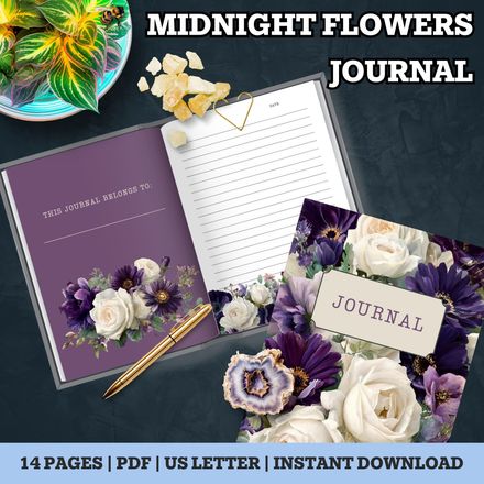 Midnight Flowers Printable Journal – Dark Floral Digital Notebook