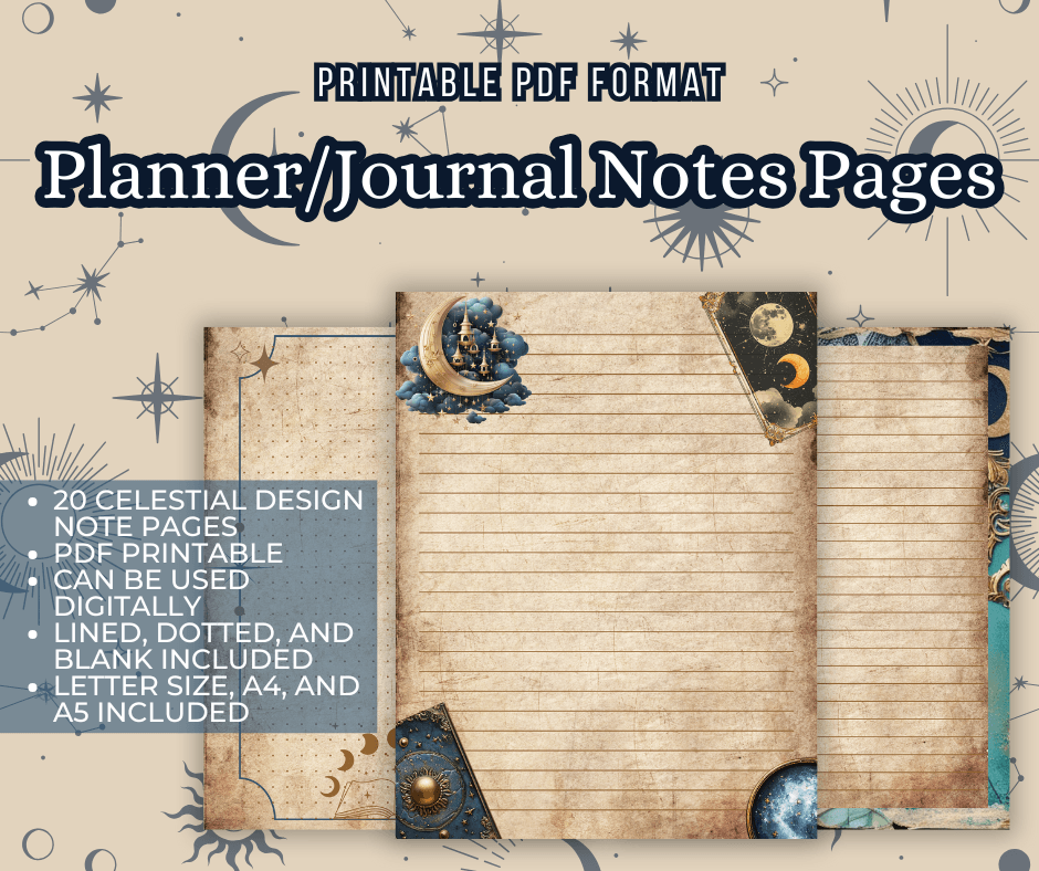 Celestial Notes Pages | Lined, Dotted, Blank PDF