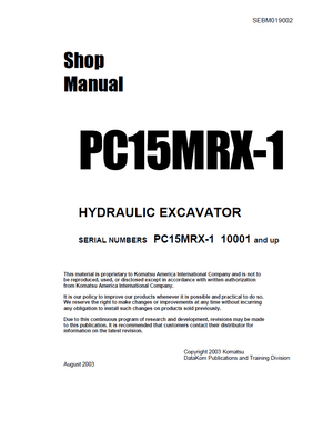 Komatsu PC15MRX-1 10001 and up Hydraulic Excavator Service Manual Shop Manual SEBM019002 English