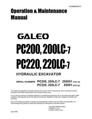 Komatsu PC200-7, PC200LC-7, PC220-7, PC220LC-7 GALEO Excavator Operation Manual SEAM060601T English