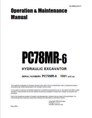 Komatsu PC78MR-6 1001 and up Hydraulic Excavator Operation &amp; Maintenance Manual SEAM052501T English