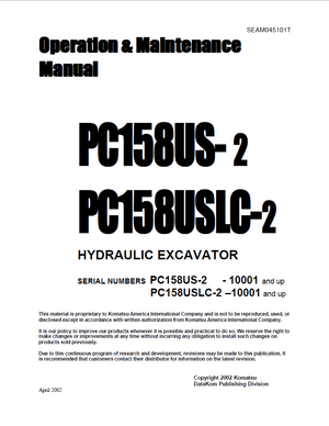 Komatsu PC158US-2, PC158USLC-2 10001 and up Excavator Operation &amp; Maintenance Manual SEAM045101T EN