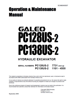 Komatsu PC128US-2, PC138US-2 GALEO Hydraulic Excavator Operation &amp; Maintenance Manual SEAM049000T EN