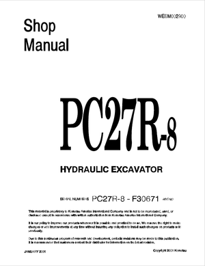 Komatsu PC27R-8 F30671 and up Hydraulic Excavator Service Manual Shop Manual WEBM002900 English