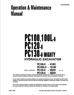 Komatsu PC100-6, PC100L-6, PC120-6, PC130-6 MIGHTY Excavator Operation Manual SEAM002205 English
