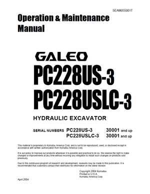 Komatsu PC228US-3, PC228USLC-3 GALEO 30001 and up Excavator Operation Maintenance Manual SEAM055001T