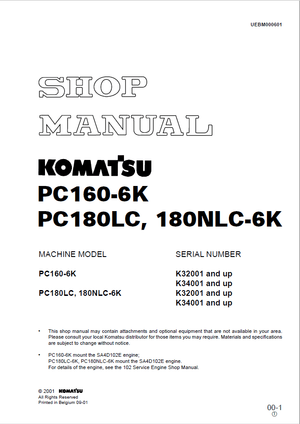 Komatsu PC160-6K, PC180LC-6K, PC180NLC-6K Hydraulic Excavator Service Shop Manual UEBM000601 English