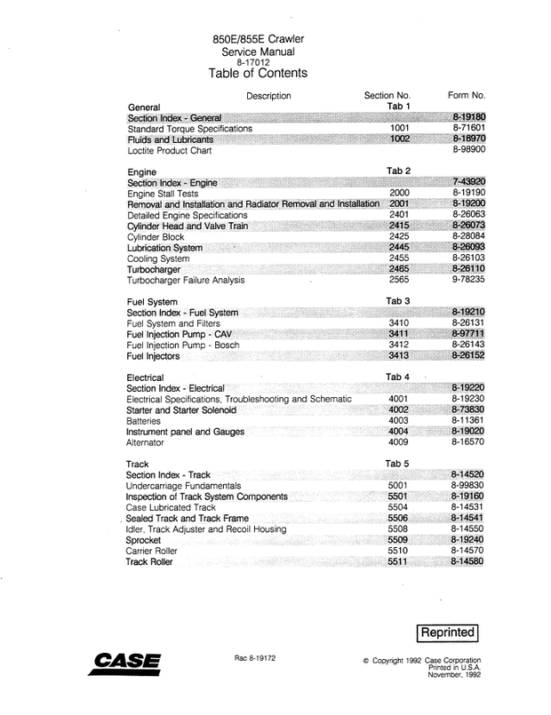 CASE Construction 850, 850E, 855E Crawler Dozer/Tractor Service Manual 8-17012 English