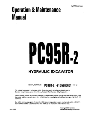 Komatsu Utility PC95R-2 21D5200001 and up Excavator Operation Maintenance Manual WEAM002900 English