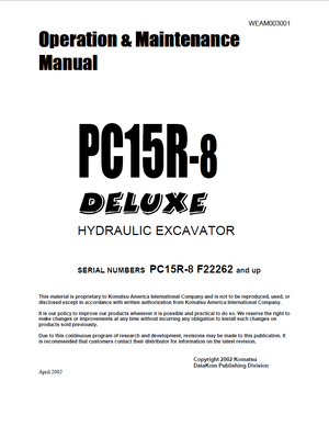 Komatsu PC15R-8 DELUXE F22262 and up Excavator Operation &amp; Maintenance Manual WEAM003001 English