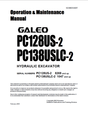 Komatsu PC128US-2, PC138USLC-2 GALEO Excavator Operation &amp; Maintenance Manual SEAM035408T English