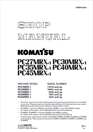 Komatsu PC27MRX-1, PC30MRX-1, PC35MRX-1, PC40MRX-1, PC45MRX-1 Excavator Shop Manual SEBM016808 EN