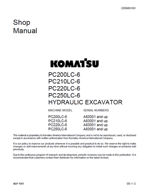 Komatsu PC200LC-6, PC210LC-6, PC220LC-6, PC250LC-6 A83001 and up Excavator Shop Manual CEBM001001 EN