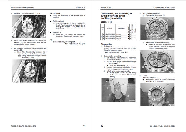 Komatsu Shop Manual PC160LC-7E0 PC180LC-7E0 PC180NLC-7E0 K45001 and up Excavator UEN01892-04 English