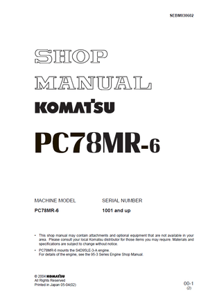 Komatsu PC78MR-6 1001 and up Hydraulic Excavator Service Manual Shop Manual SEBM030602 English