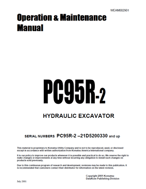 Komatsu Utility PC95R-2 21D5200330 and up Excavator Operation Maintenance Manual WEAM002901 English