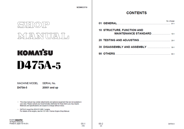 Komatsu Shop Manual D475A-5 20001 and up Crawler Bulldozer SEBM033710 English