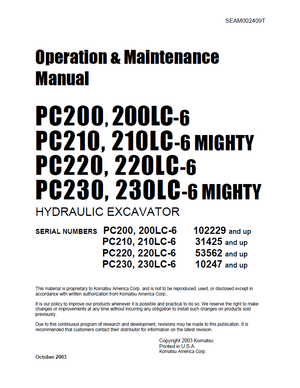 Komatsu PC200-6/200LC-6 PC210-6/210LC-6 PC220-6/220LC-6 PC230-6/230LC-6 Operation Manual SEAM002409T