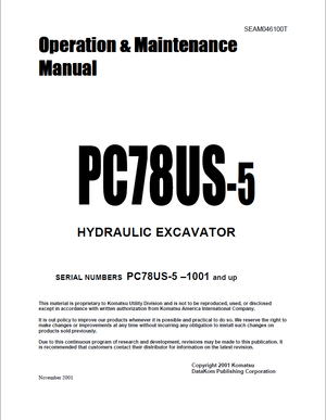 Komatsu Utility PC78US-5 1001 and up Excavator Operation &amp; Maintenance Manual SEAM046100T English