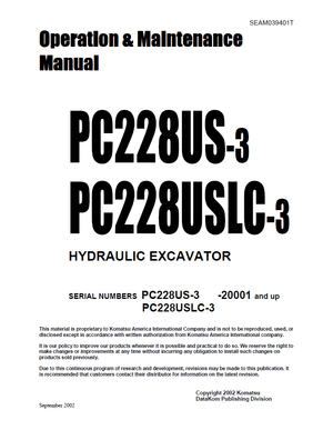 Komatsu PC28US-3, PC228USLC-3 20001 and up Excavator Operation &amp; Maintenance Manual SEAM039401T EN