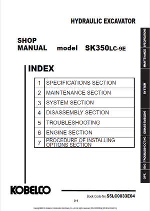 Kobelco SK350LC-9E YC13-13001~ Hydraulic Excavator Service Manual Shop Manual S5LC0033E04 English