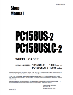 Komatsu PC158US-2, PC158USLC-2 10001 and up Hydraulic Excavator Service Manual SEBM026503 English