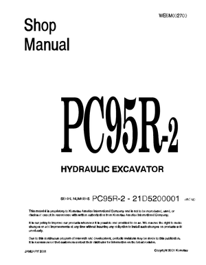 Komatsu PC95R-2 21D5200001 and up Hydraulic Excavator Service Manual Shop Manual WEBM002700 English