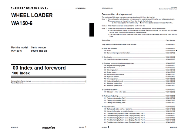Komatsu Shop Manual WA150-6 80001 and up Wheel Loader SEN04884-01 English