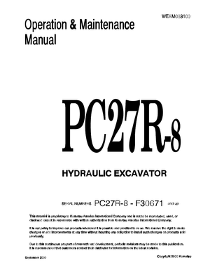 Komatsu PC27R-8 F30671 and up Hydraulic Excavator Operation &amp; Maintenance Manual WEAM003100 English
