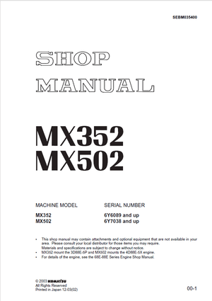 Komatsu/Ditch Witch MX352 6Y6089 and up MX502 6Y7038 and up Excavator Shop Manual SEBM035400 English