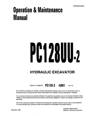 Komatsu PC128UU-2 5001 and up Hydraulic Excavator Operation &amp; Maintenance Manual SEAM035500 English