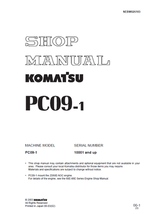 Komatsu PC09-1 10001 and up Hydraulic Excavator Service Manual Shop Manual SEBM026103 English