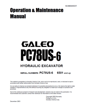 Komatsu PC78US-6 GALEO 6501 and up Hydraulic Excavator Operation Maintenance Manual SEAM044603T EN