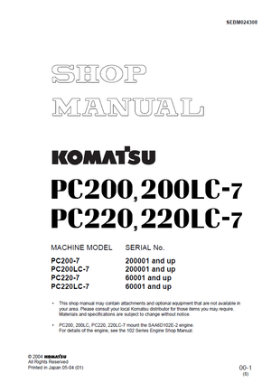 Komatsu PC200-7, PC200LC-7, PC220-7, PC220LC-7 Hydraulic Excavator Shop Manual SEBM024308 English