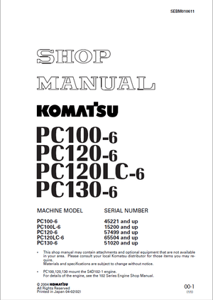 Komatsu PC100-6, PC120-6, PC120LC-6, PC130-6 Hydraulic Excavator Shop Manual SEBM010611 English