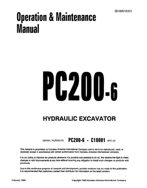 Komatsu PC200-6 C10001 and up Hydraulic Excavator Operation &amp; Maintenance Manual SEAM016301 English
