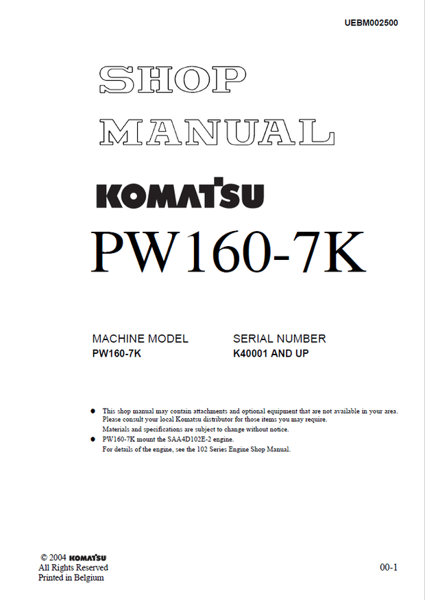 Komatsu Shop Manual PW160-7K K40001 and up Wheeled Excavator UEBM002500 English