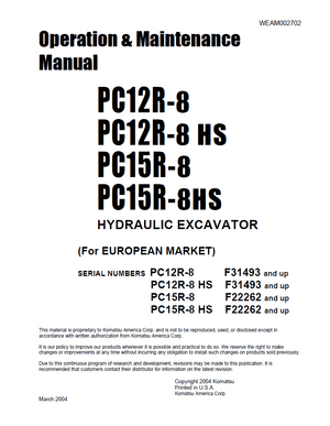 Komatsu Utility PC12R-8, PC12R-8HS, PC15R-8, PC15R-8HS Excavator Operation Manual WEAM002702 English