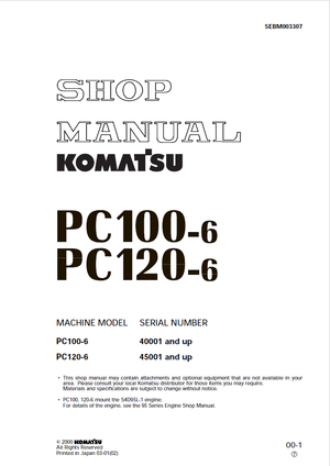 Komatsu PC100-6 40001 and up PC120-6 45001 and up Hydraulic Excavator Shop Manual SEBM003307 English