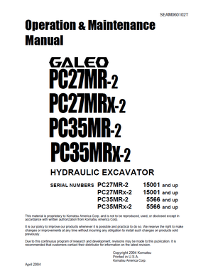 Komatsu PC27MR-2, PC27MRX-2, PC35MR-2 PC35MRX-2 GALEO Excavator Operation Manual SEAM060102T English