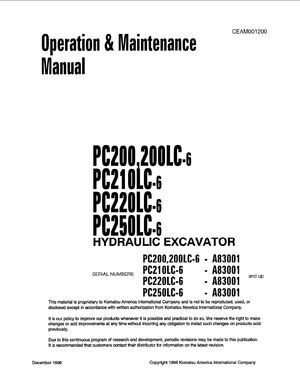 Komatsu PC200-6, PC200LC-6, PC210LC-6, PC220LC-6, PC250LC-6 Excavator Operation Manual CEAM001200 EN