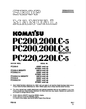 Komatsu PC200-5/200-5 MIGHTY, PC200LC-5/200LC-5 MIGHTY, PC220-5, PC220LC-5 Shop Manual SEBMA2050508